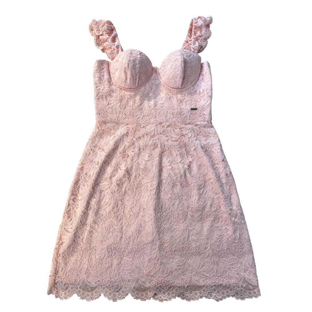 GUESS Dress Womens M Pink Lace Bustier Mini Ruffle Strap Bodycon